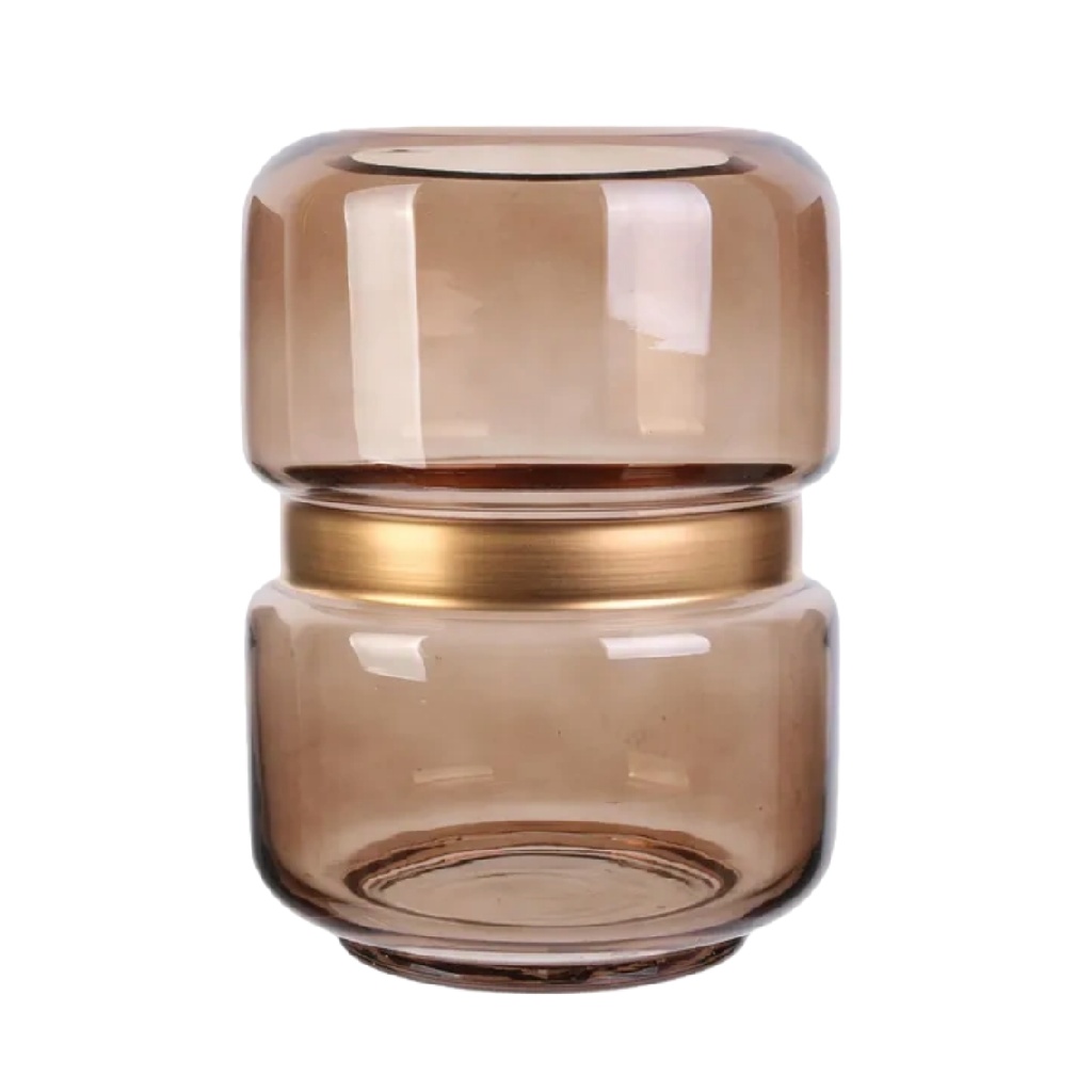 Jarrón decorativo de vidrio color ámbar con aro metálico-prediksigacorkebun.xyz