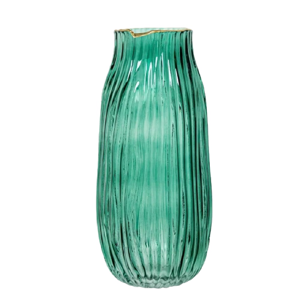 Jarrón decorativo de vidrio estriado color verde con borde dorado-prediksigacorkebun.xyz