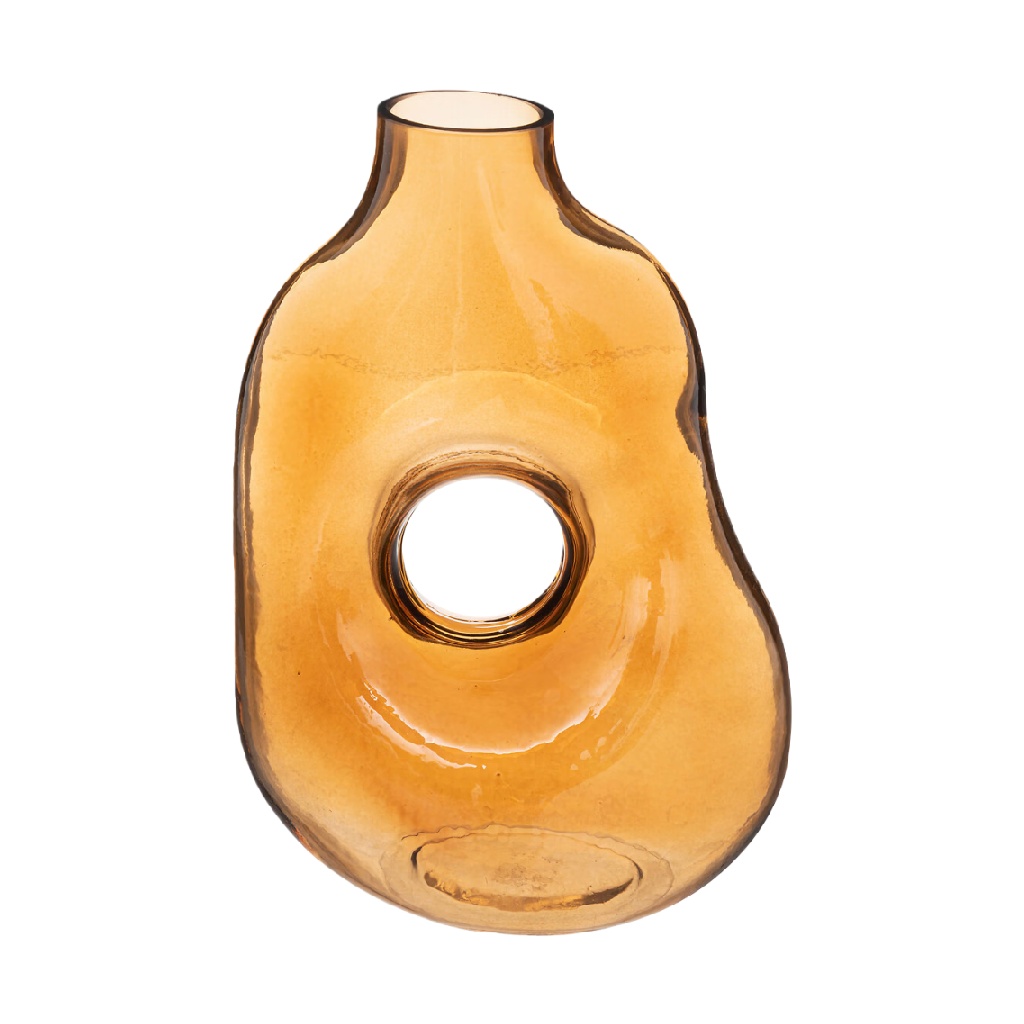 Jarrón decorativo de vidrio ámbar, diseño orgánico con apertura central-prediksigacorkebun.xyz