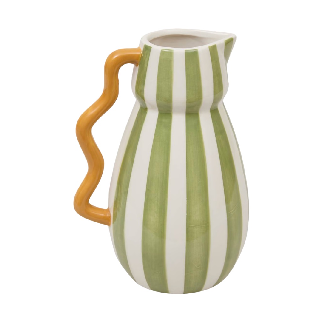 Green and White Striped Ceramic Pitcher Vase with Handle-noemiross.shop