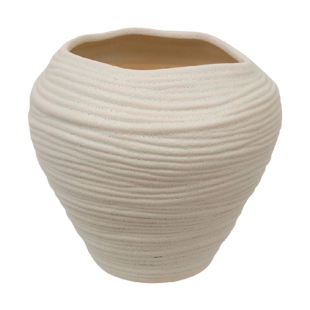 Beige Textured Ceramic Vase, Rounded Wide Shape-noemiross.shop